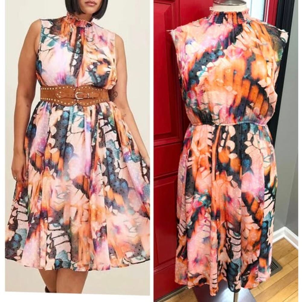 Torrid Plus Size 3 Clip Dot Mock Neck Butterfly Tattoo Fairy Chiffon Party Dress